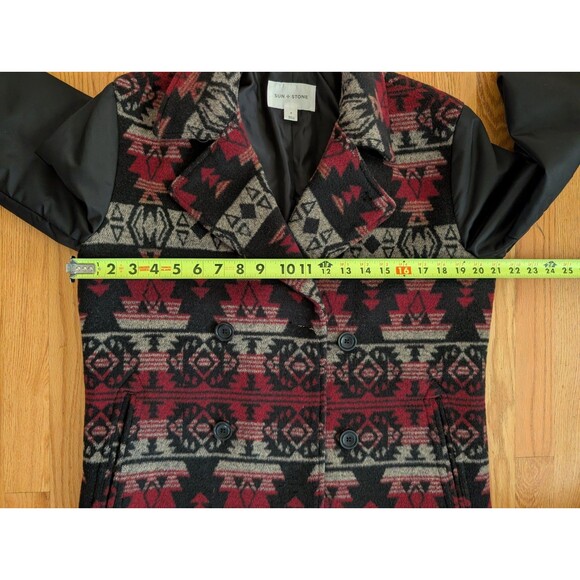 Sun Stone Southwestern Red Black Small Wool Blend Pea Coat Jacket Aztec Winter - Picture 9 of 11